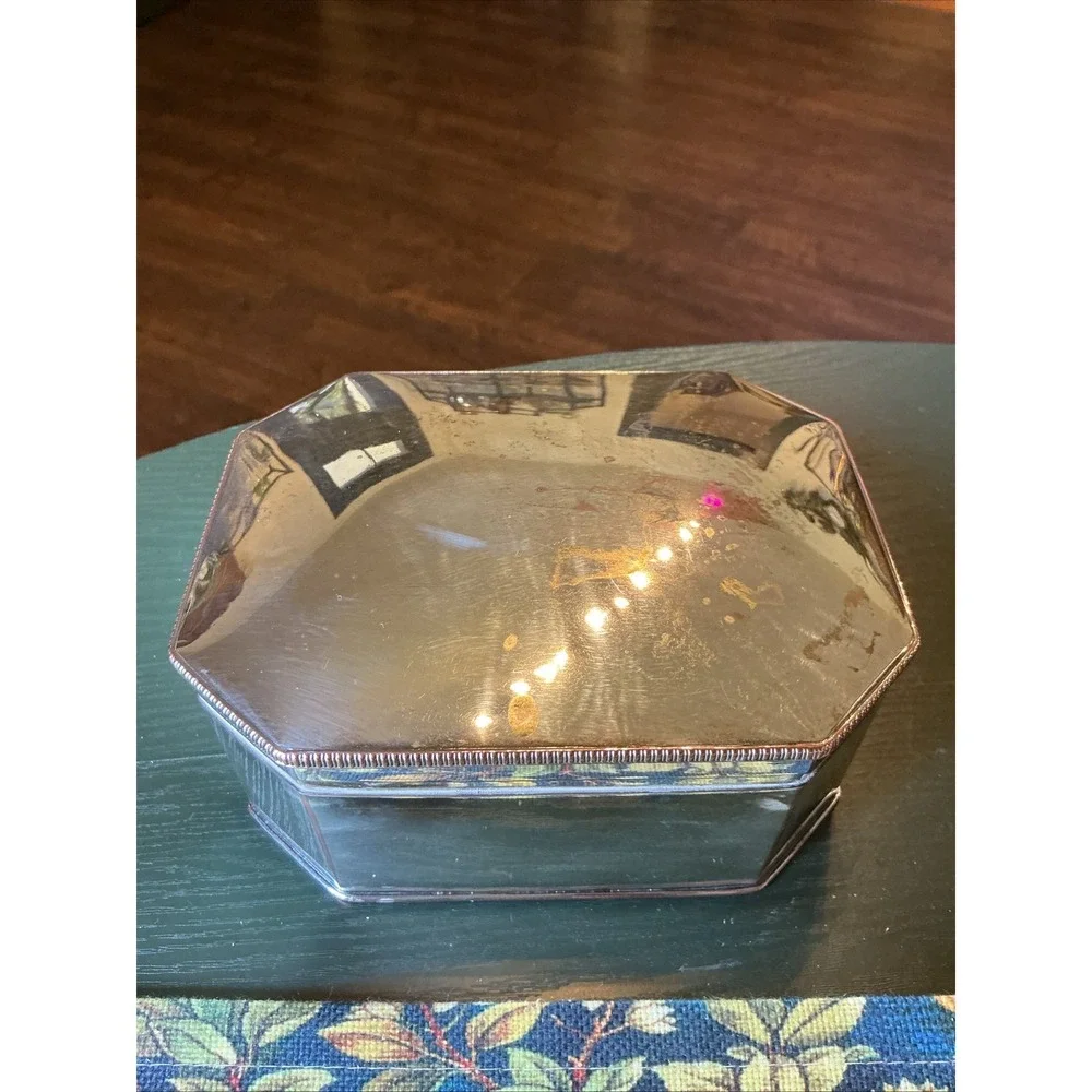 Vintage Silver Over Copper Octagonal Trinket Box Hinged Biscuit Jewelry Case